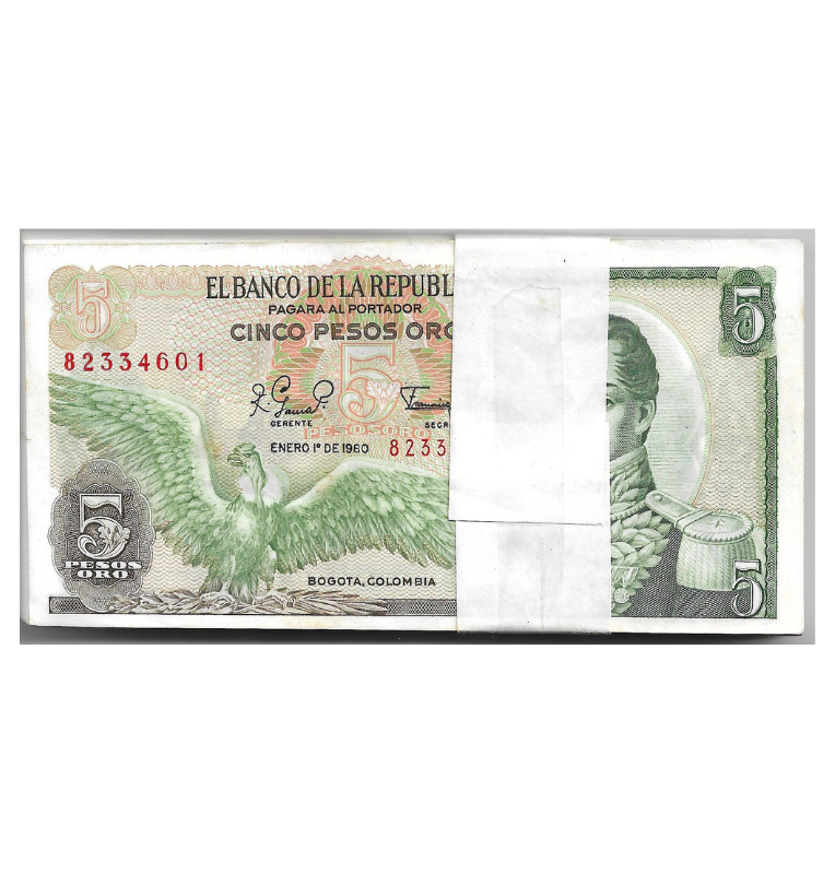 Fajo Colombia 5 Pesos Oro 1980 Tiene manchas pequeñas