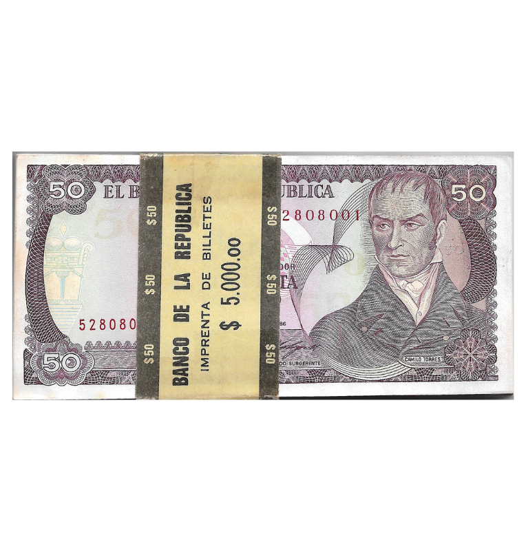 Fajo de 99 billetes consecutivos de Colombia 50 Pesos Oro 1 Enero 1986. Tiene manchas