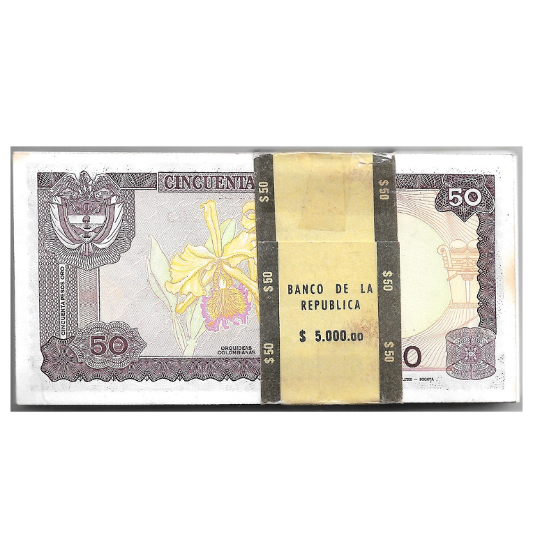 Fajo de 99 billetes consecutivos de Colombia 50 Pesos Oro 1 Enero 1986. Tiene manchas