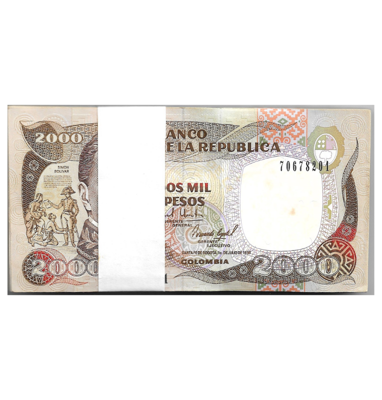 Fajo Colombia 2.000 Pesos Oro 1993. Con 10 Reposíciones, tiene manchas