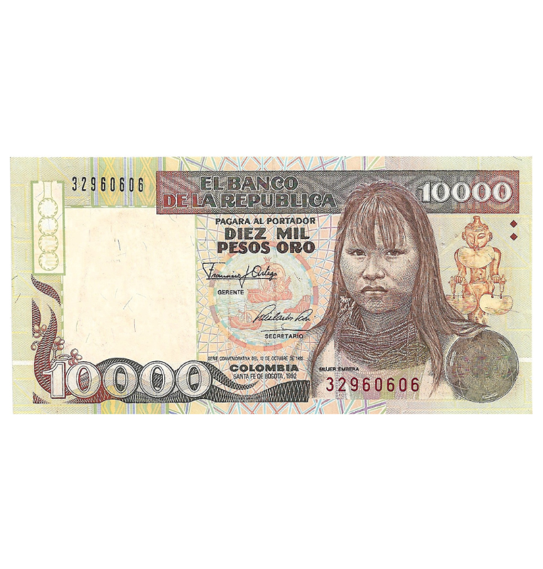 Colombia 10.000 Pesos Oro 1992 Embera. NO UNC. Tiene pinholes