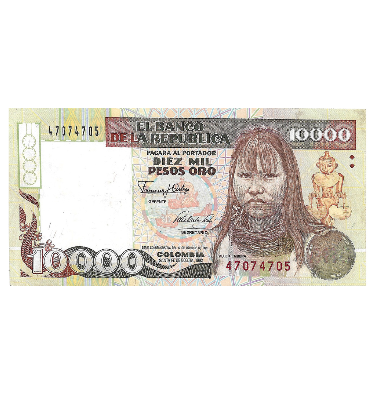 Colombia 10.000 Pesos Oro 1992 Embera. NO UNC. Tiene pinholes
