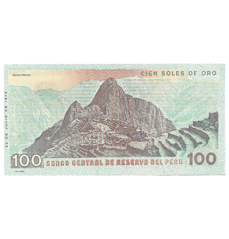 Perú folleto Machu Picchu incluye moneda de 1 Sol y billete 100 Soles de Oro