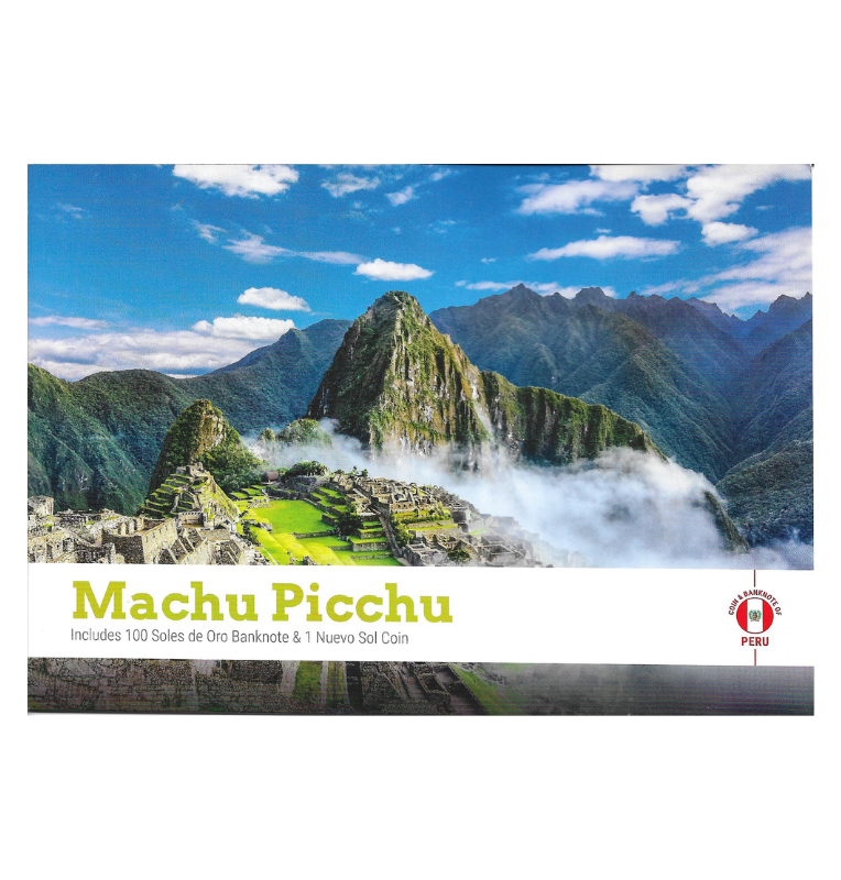 Perú folleto Machu Picchu incluye moneda de 1 Sol y billete 100 Soles de Oro
