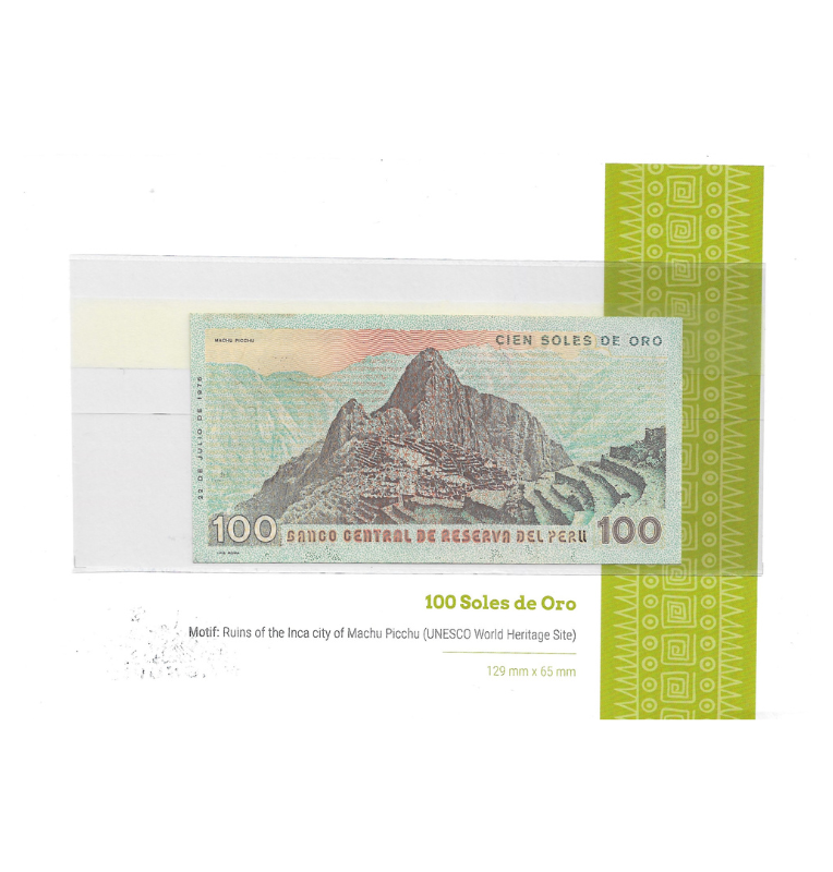 Perú folleto Machu Picchu incluye moneda de 1 Sol y billete 100 Soles de Oro