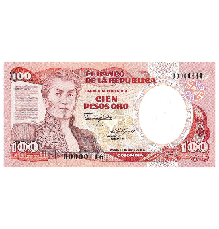 Colombia 100 Pesos 1987 Número bajo 3 dígitos #116