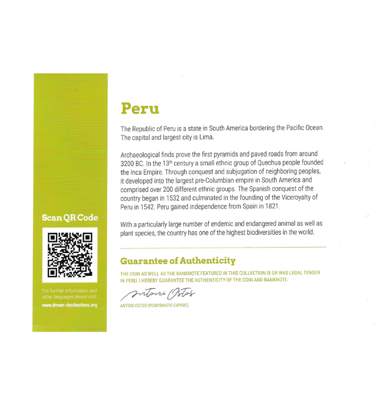 Perú folleto Machu Picchu incluye moneda de 1 Sol y billete 100 Soles de Oro