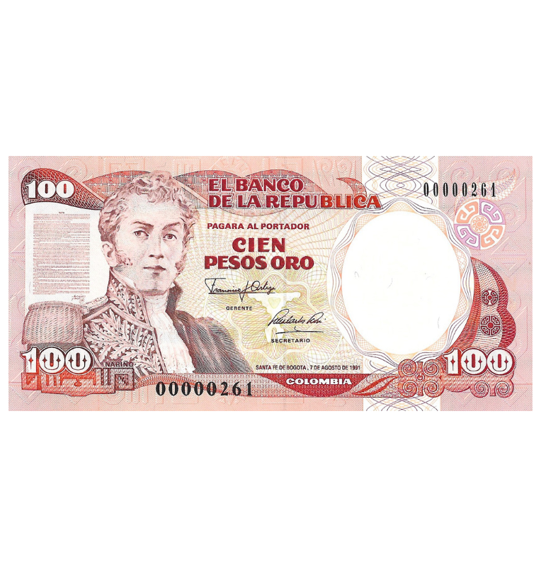 Colombia 100 Pesos Oro 1991 Número bajo 3 dígitos #261