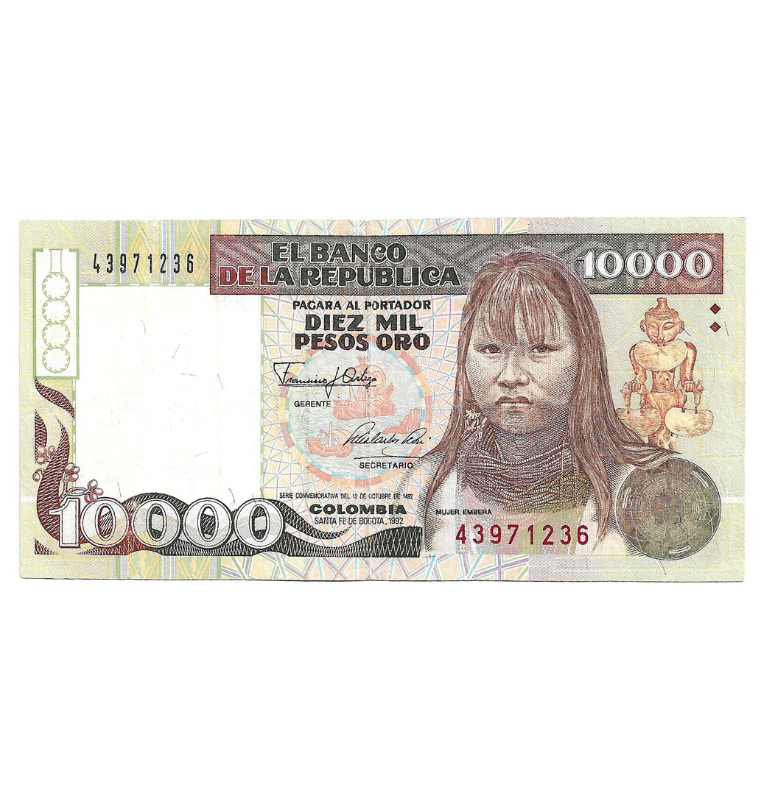 Colombia 10.000 Pesos Oro 1992 Embera. NO UNC.
