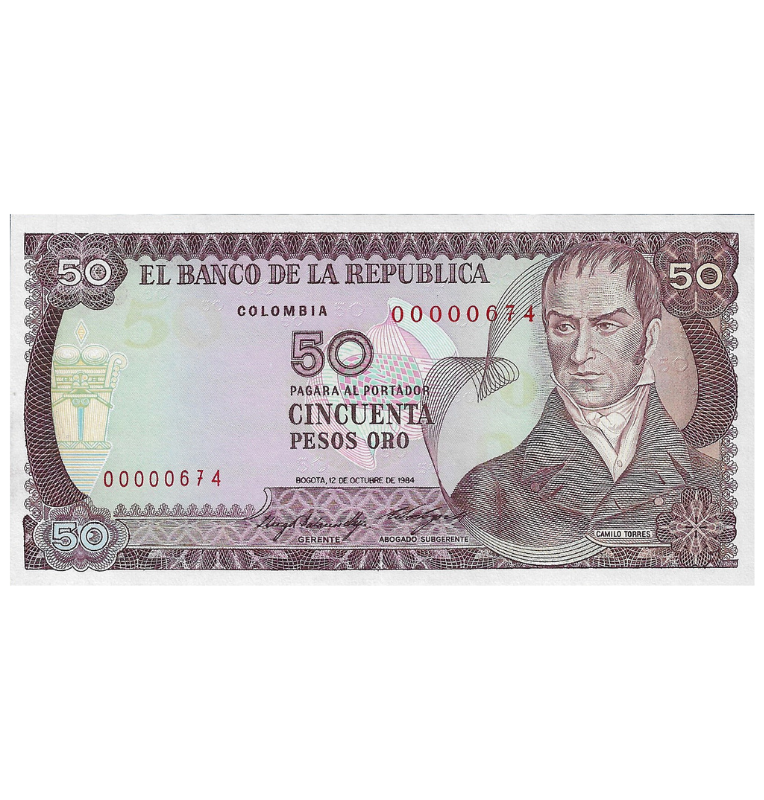 Colombia 50 Pesos 1984 Número bajo 3 dígitos #674