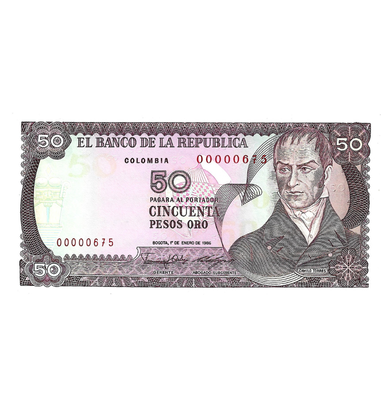 Colombia 50 Pesos 1986 Número bajo 3 dígitos #675