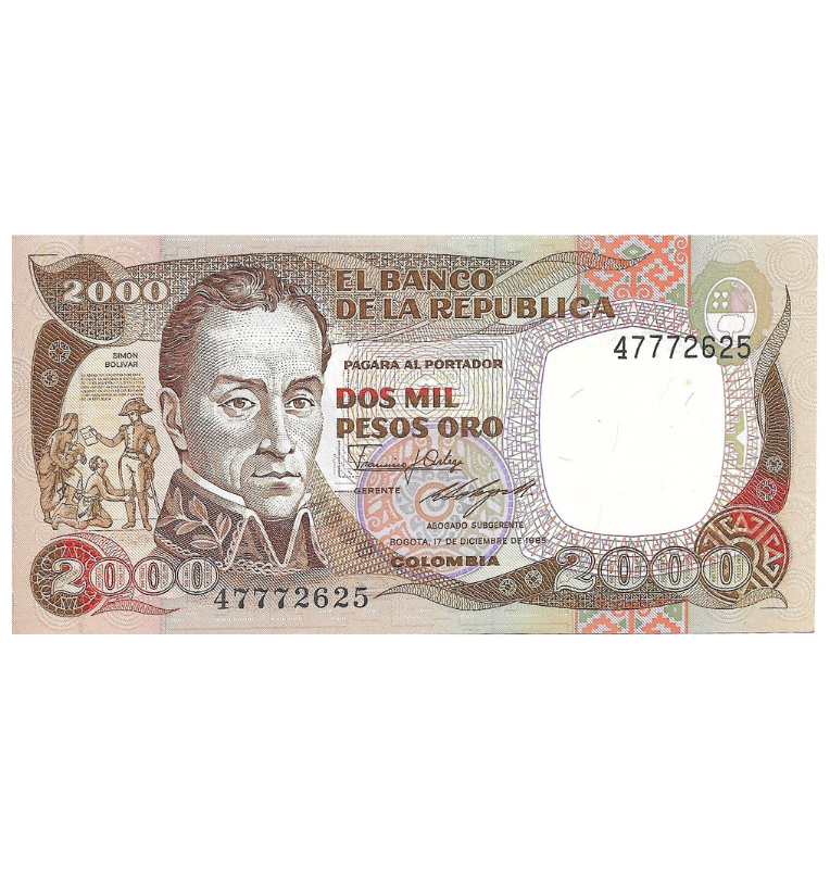 Colombia 2.000 Pesos Oro 1985. Tiene una mancha pequeña