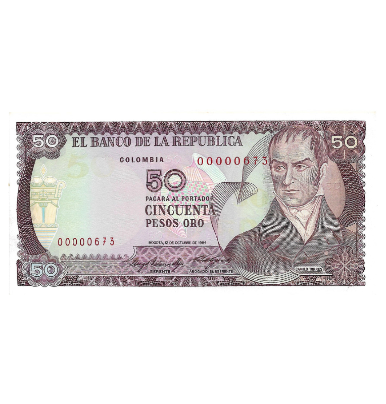 Colombia 50 Pesos 1984 Número bajo 3 digitos #673. Tiene manchas
