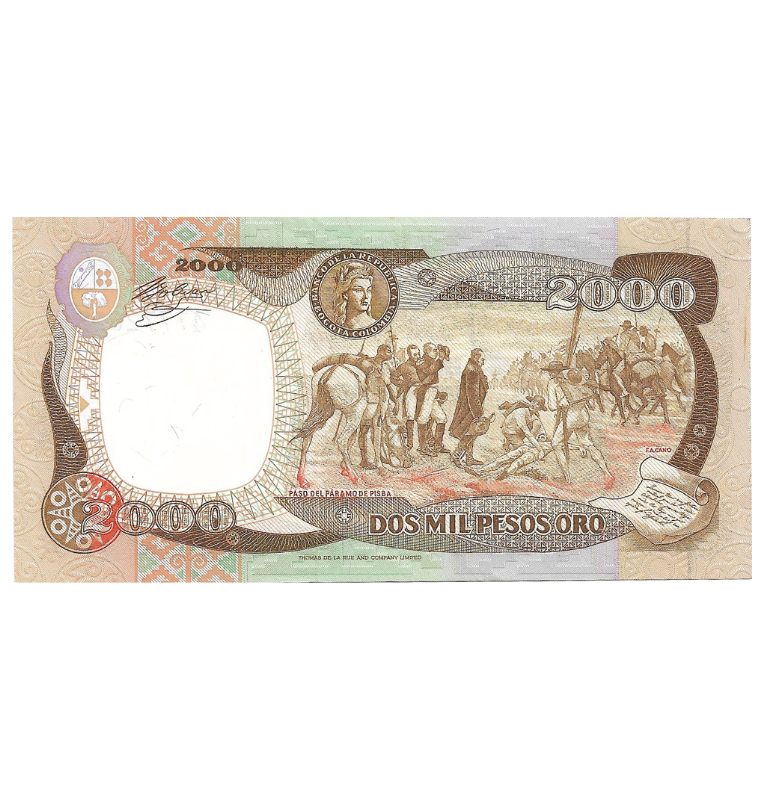Colombia 2.000 Pesos Oro 1985. Tiene una mancha pequeña