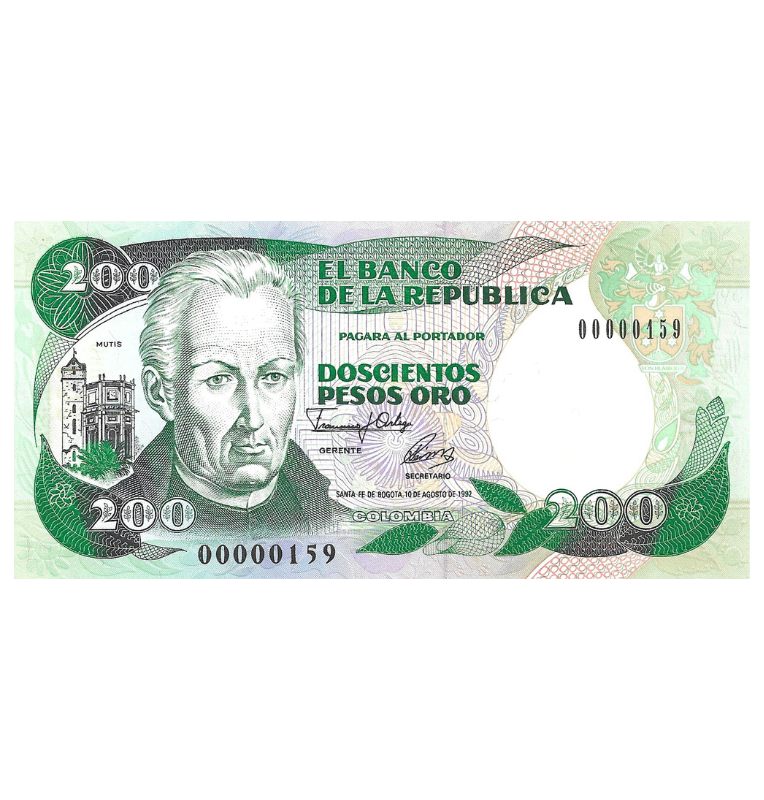 Colombia 200 Pesos Oro 1992 Número bajo Serial 3 dígitos #159