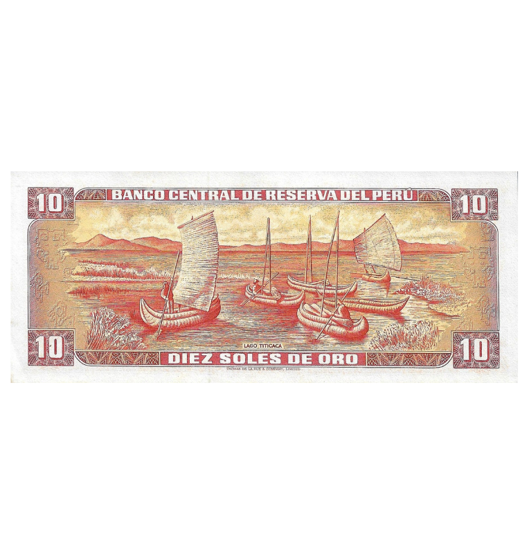 Perú folleto Lake Titicaca incluye moneda de 1 Sol y billete 10 Soles de Oro