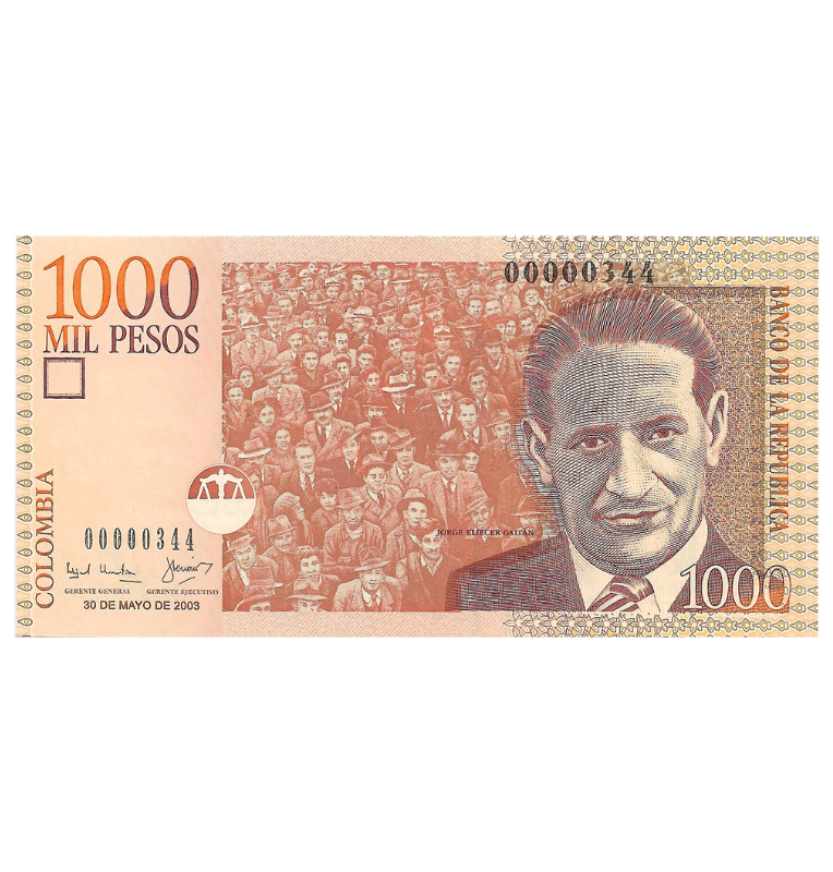Colombia 1.000 Pesos 2003 Número bajo 3 dígitos  #344 (Formato grande)