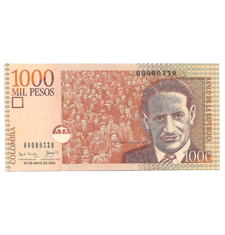 Colombia 1.000 Pesos 2003 Número bajo 3 dígitos  #339 (Formato grande)