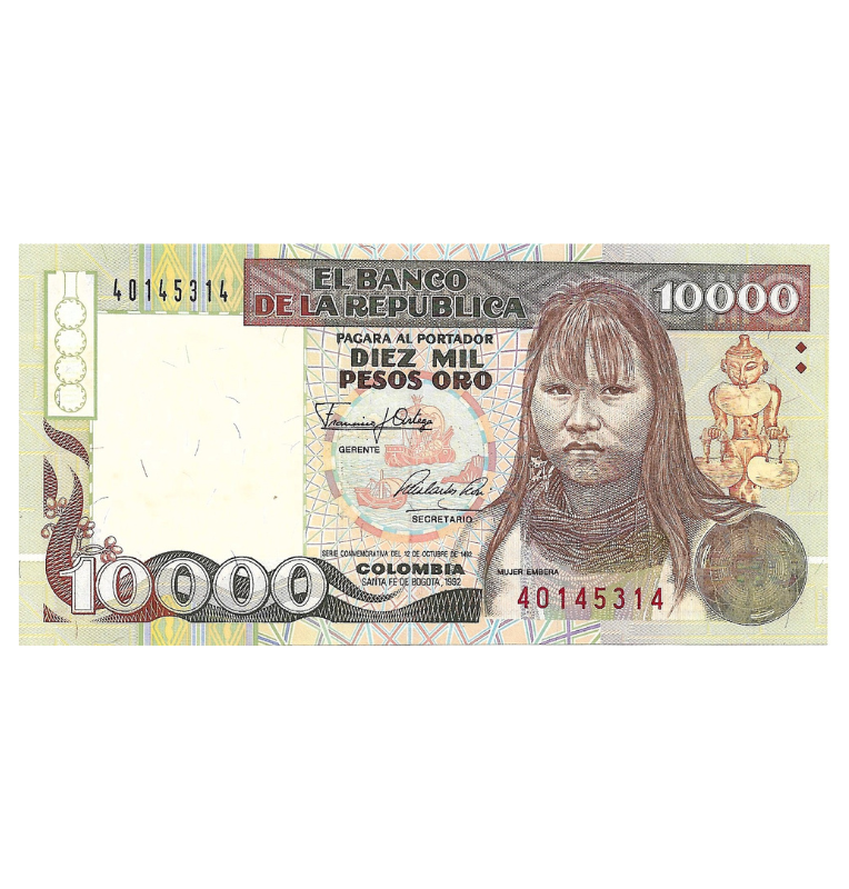 Colombia 10.000 Pesos Oro 1992 Embera. Tiene manchas pequeñas