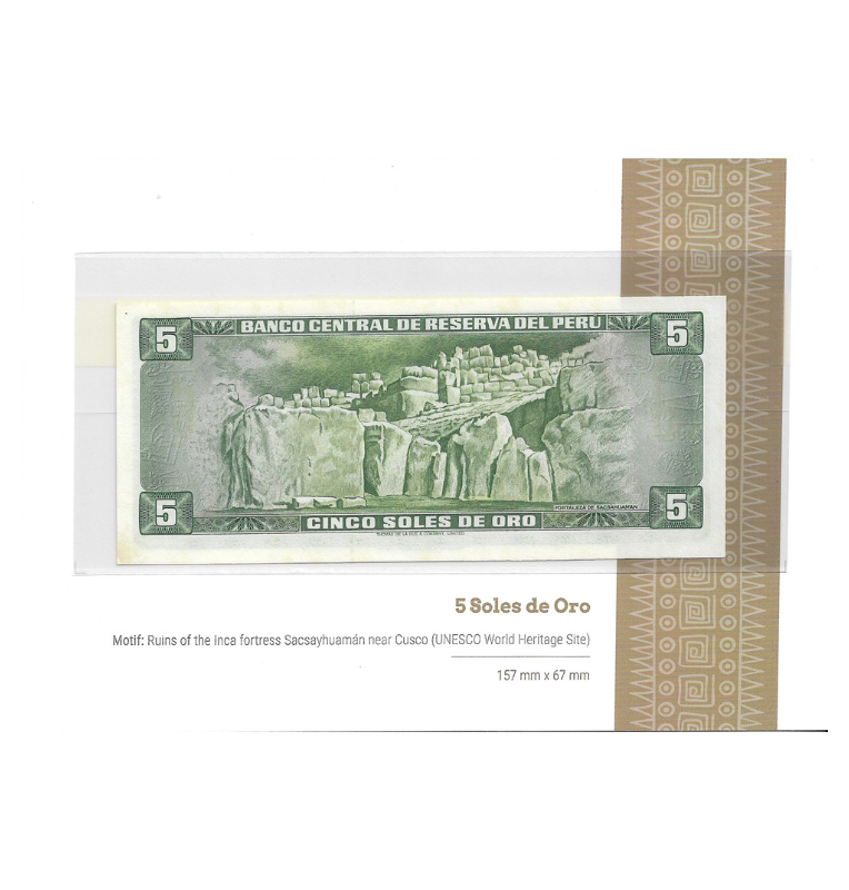 Perú folleto Sacsayhuamán  incluye billete 5 Soles de Oro