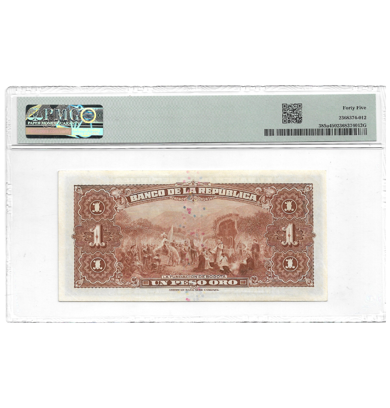 Colombia 1  Peso Oro 1938 Pick 385a Certificado 45 (Pachanga)