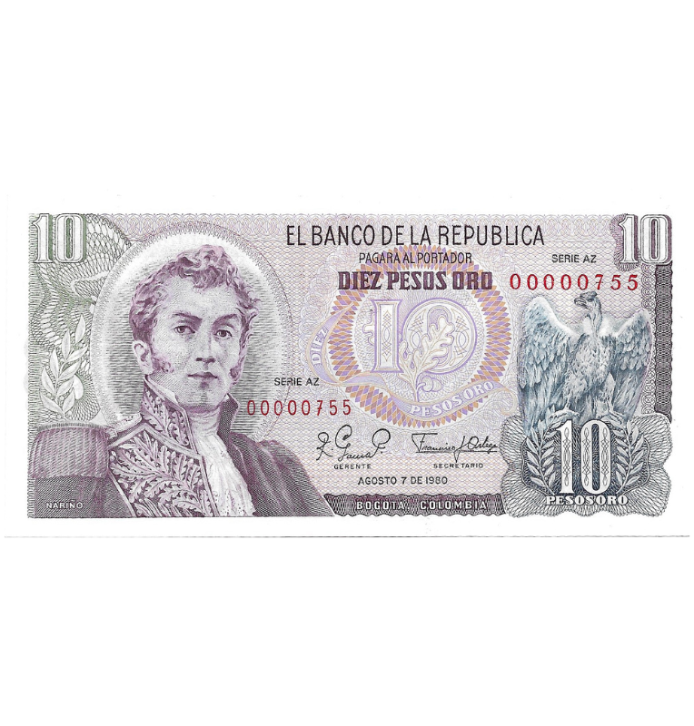 Colombia 10 Pesos Oro 1980 Número bajo #755