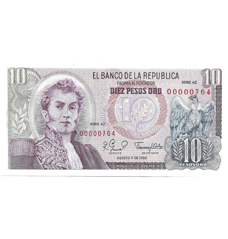 Colombia 10 Pesos Oro 1980 Número bajo #764