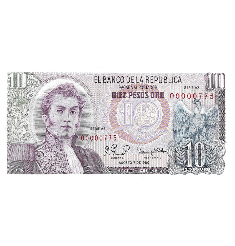 Colombia 10 Pesos Oro 1980 Número bajo #775