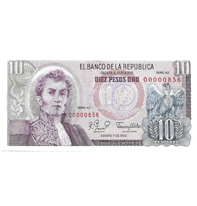 Colombia 10 Pesos Oro 1980 Número bajo #836
