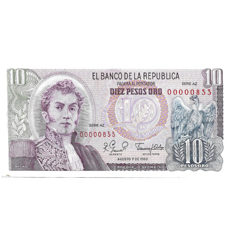 Colombia 10 Pesos Oro 1980 Número bajo #833. Tiene una mancha