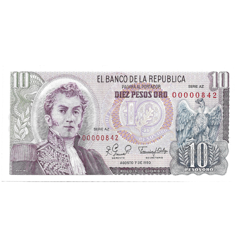Colombia 10 Pesos Oro 1980 Número bajo #842