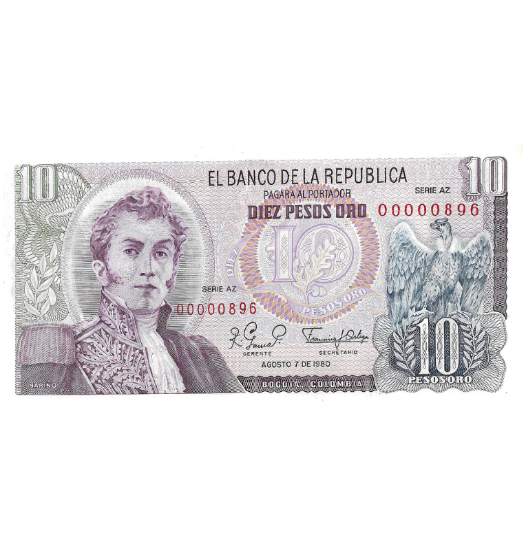 Colombia 10 Pesos Oro 1980 Número bajo #896