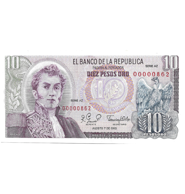 Colombia 10 Pesos Oro 1980 Número bajo #862
