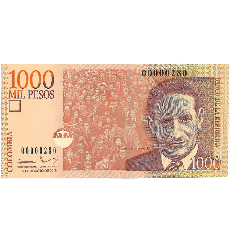 Colombia 1.000 Pesos 2016 Número bajo 280 (Formato pequeño)