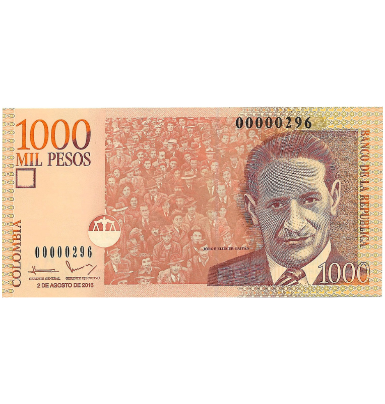 Colombia 1.000 Pesos 2016 Número bajo 296 (Formato pequeño)
