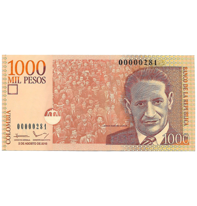 Colombia 1.000 Pesos 2016 Número bajo 281 (Formato pequeño)
