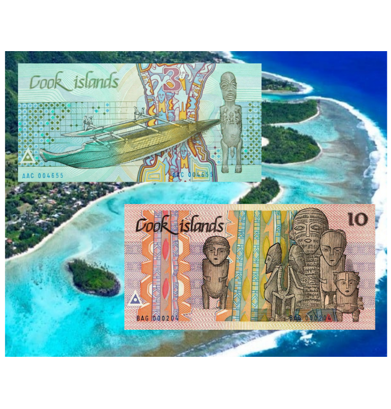Islas Cook 3,10 Dólares 1987 ND Pick 3a,4a (Serial bajo)