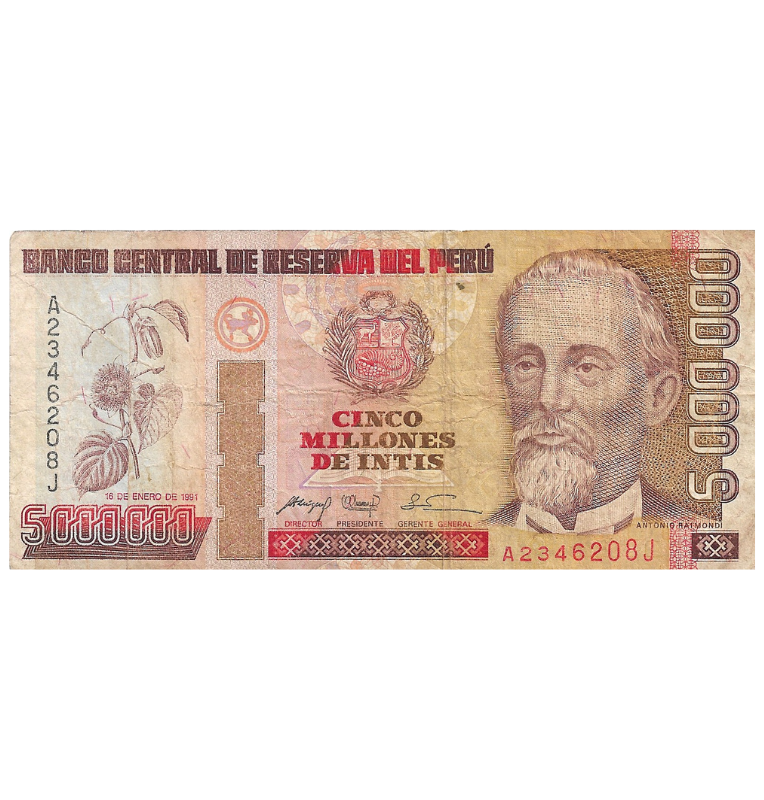 Perú 5.000.000 Inti 1991 "con rama y flor" NO UNC