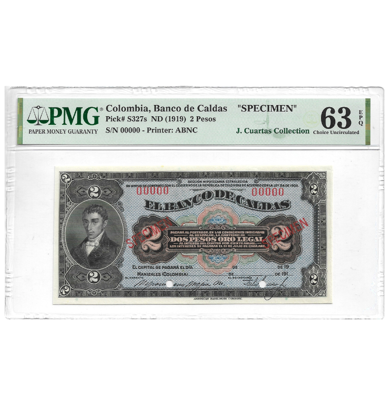 Colombia 2 Pesos Oro Legal 1919 ND Pick S327s Specimen Certificado 65 EPQ