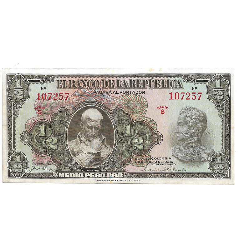 Colombia Medio Peso Oro 20 de Julio 1935 NO UNC