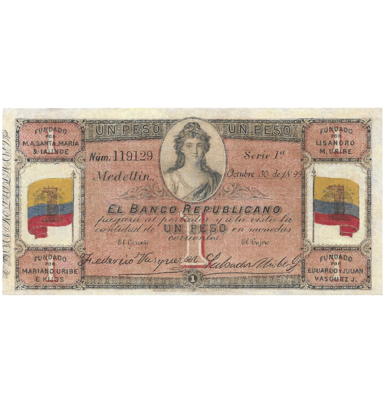 Colombia 1 Peso Octubre 30 de 1899 NO UNC