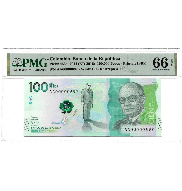 Colombia 100.000 Pesos 2014 Pick 463a 2014 Certificado 66 EPQ. Número bajo 697