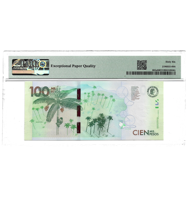 Colombia 100.000 Pesos 2014 Pick 463a 2014 Certificado 66 EPQ. Número bajo 697
