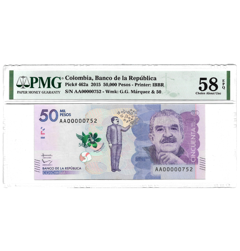 Colombia 50.000 Pesos 2015 Pick 462a Certificado 58 EPQ. Número bajo 752