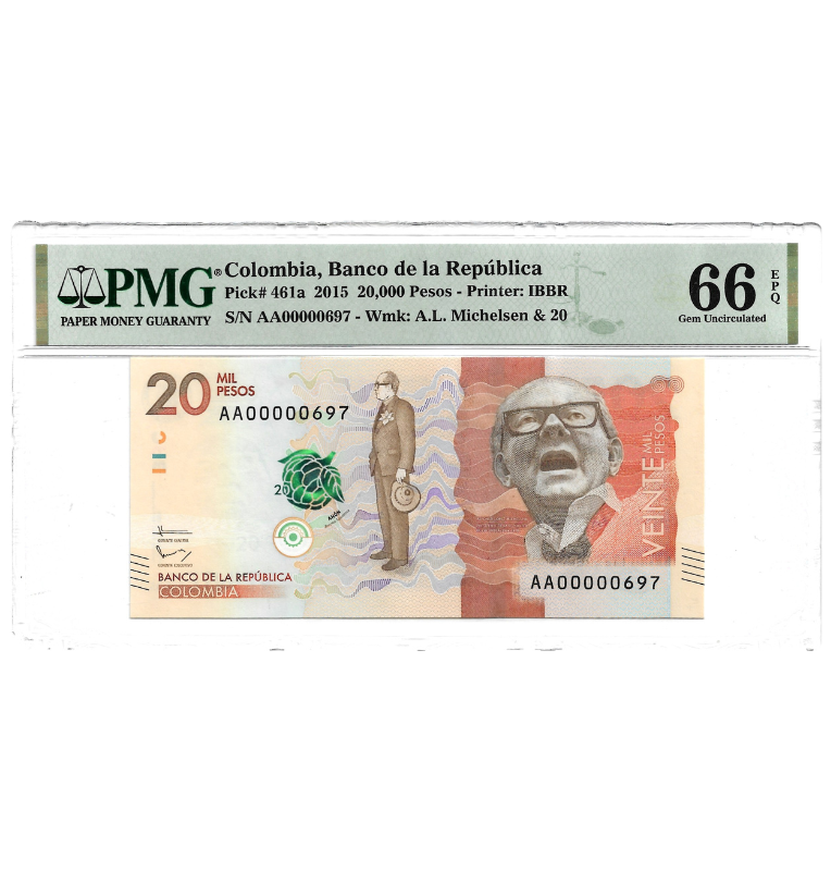 Colombia 20.000 Pesos 2015 Pick 461 Certificado 66 EPQ. Número bajo 697