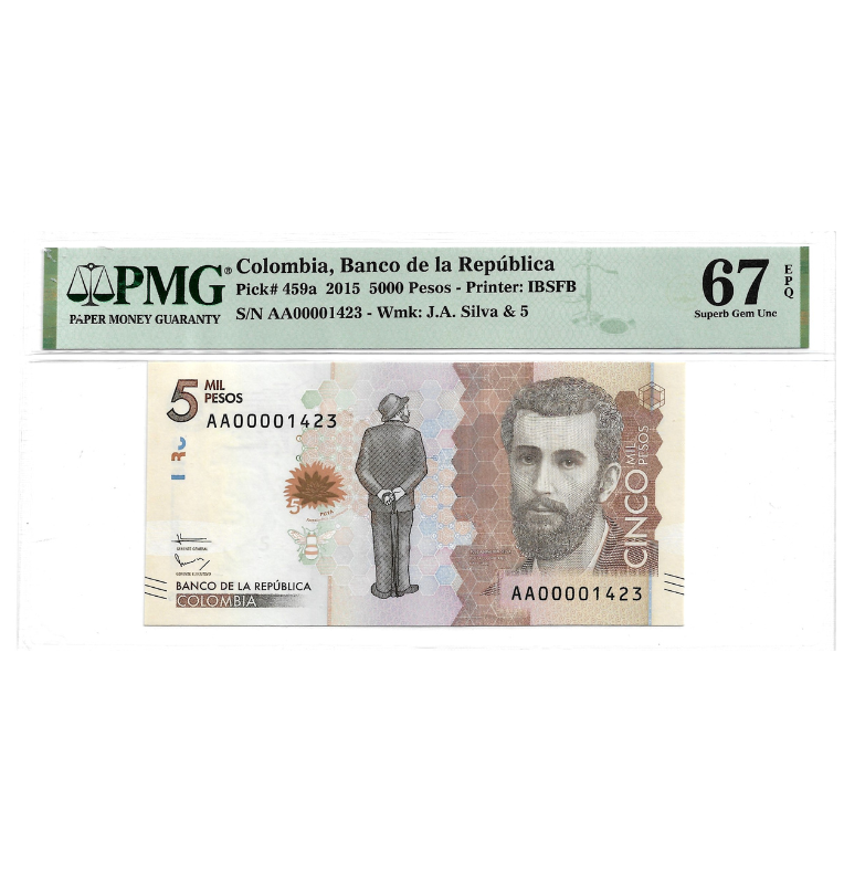 Colombia 5.000 Pesos 2015 Pick 459a Certificado 67 EPQ. Número bajo 1423