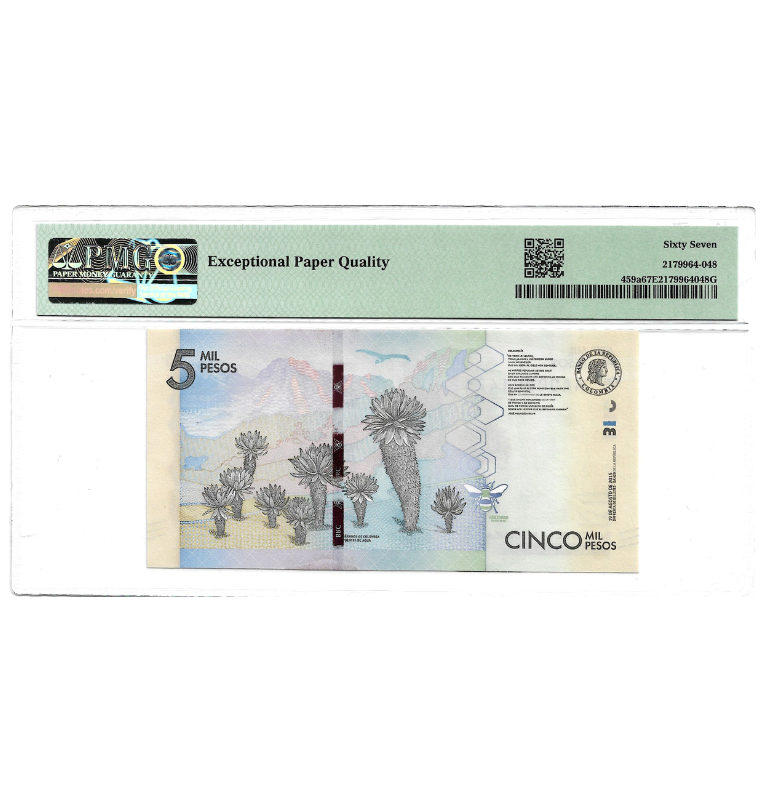 Colombia 5.000 Pesos 2015 Pick 459a Certificado 67 EPQ. Número bajo 1423