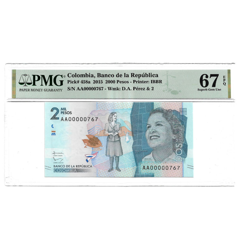 Colombia 2.000 Pesos 2015 Pick 458a Certificado 67 EPQ. Número bajo 767