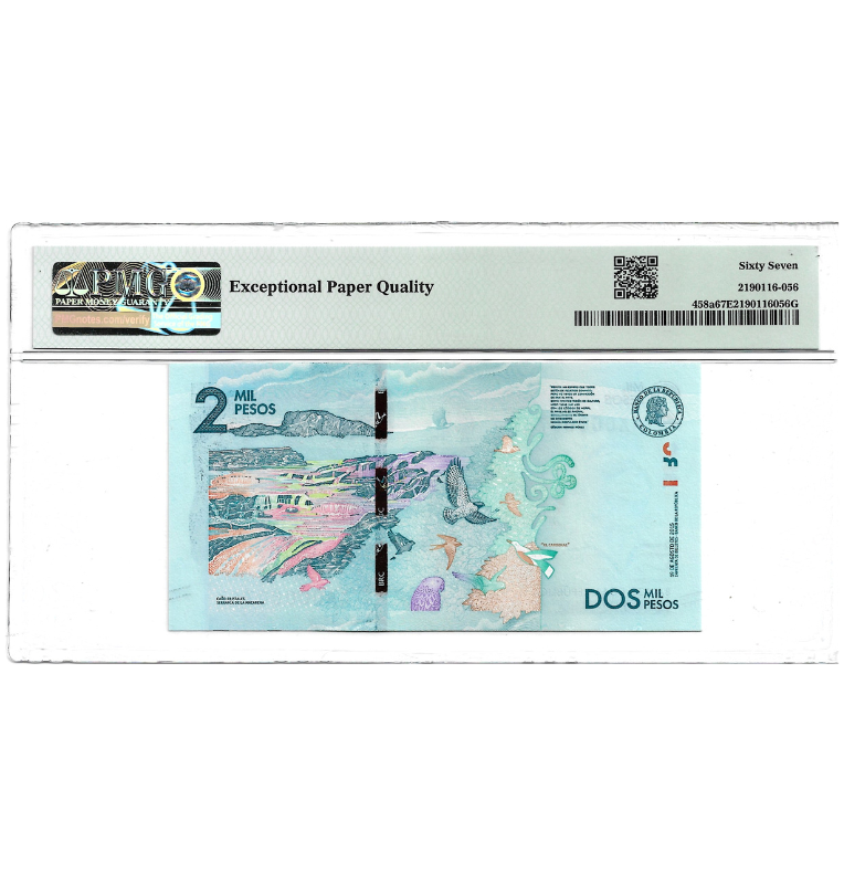 Colombia 2.000 Pesos 2015 Pick 458a Certificado 67 EPQ. Número bajo 767