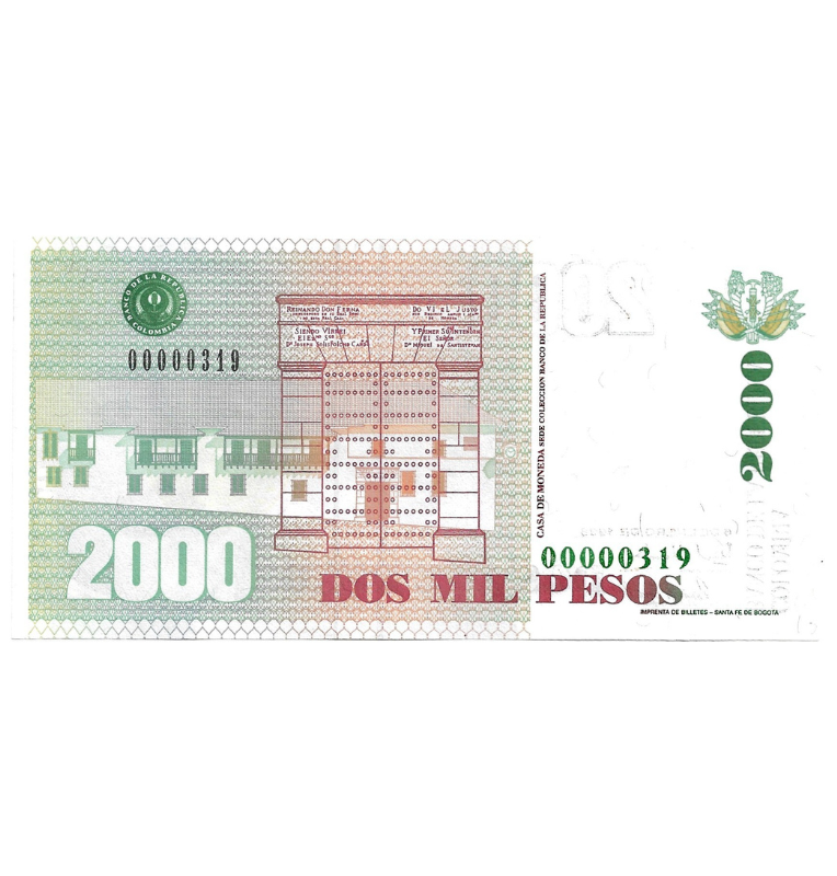 Colombia 2.000 Pesos 1998. Formato grande(Logo granada). Número bajo 319